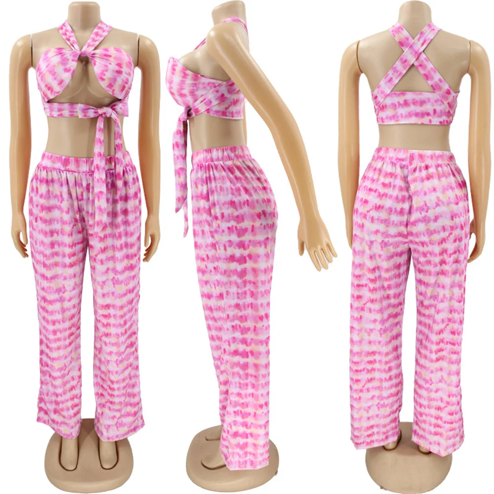

2 Piece Sets Womens Outfits Summer Sexy Chest Wrap Sleeveless Tops Loose Ladies Straight-leg Pants Suit Wholesale Dropshipping