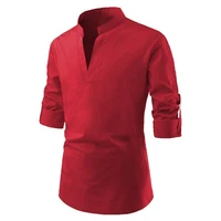 2021 new mens chinese vintage shirt men v neck long sleeve shirt solid color slim fit male tops m 2xl