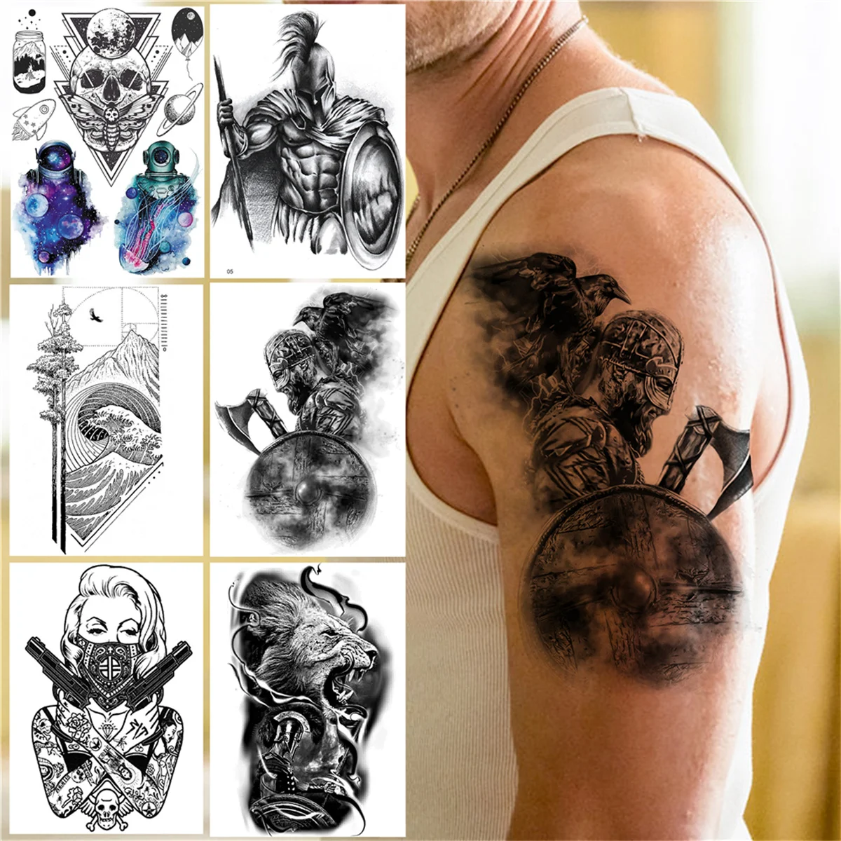 

Large Warrior Temporary Tattoos For Men Women Adult Fake Skull Soldier Tattoo Sticker Masked Gangster Lion Black Tatoos Paper