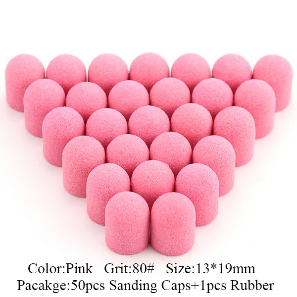 Pink-80Grit 50 шт. розовые синие пластиковые шлифовальные колпачки 13*19 мм инструмент для педикюра Уход за ногами электрическая дрель для ногтей фрезы полировальные аксессуары - Color: Pink-80Grit