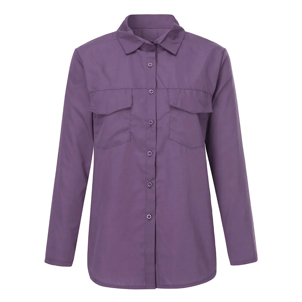 

New Women Casual Solid Long Sleeve Turn Down Collar Pockets Button Front Shirt Tops Elegant Women T-Shirts Mujer De Moda #09
