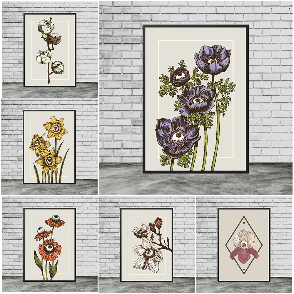 

Cotton,Bloom,Daffodil,Iris,Rose,Sunflower Wall Art Canvas Painting Mosaic Art Of Flowers, Plants And Eyeballs Poster And Prints