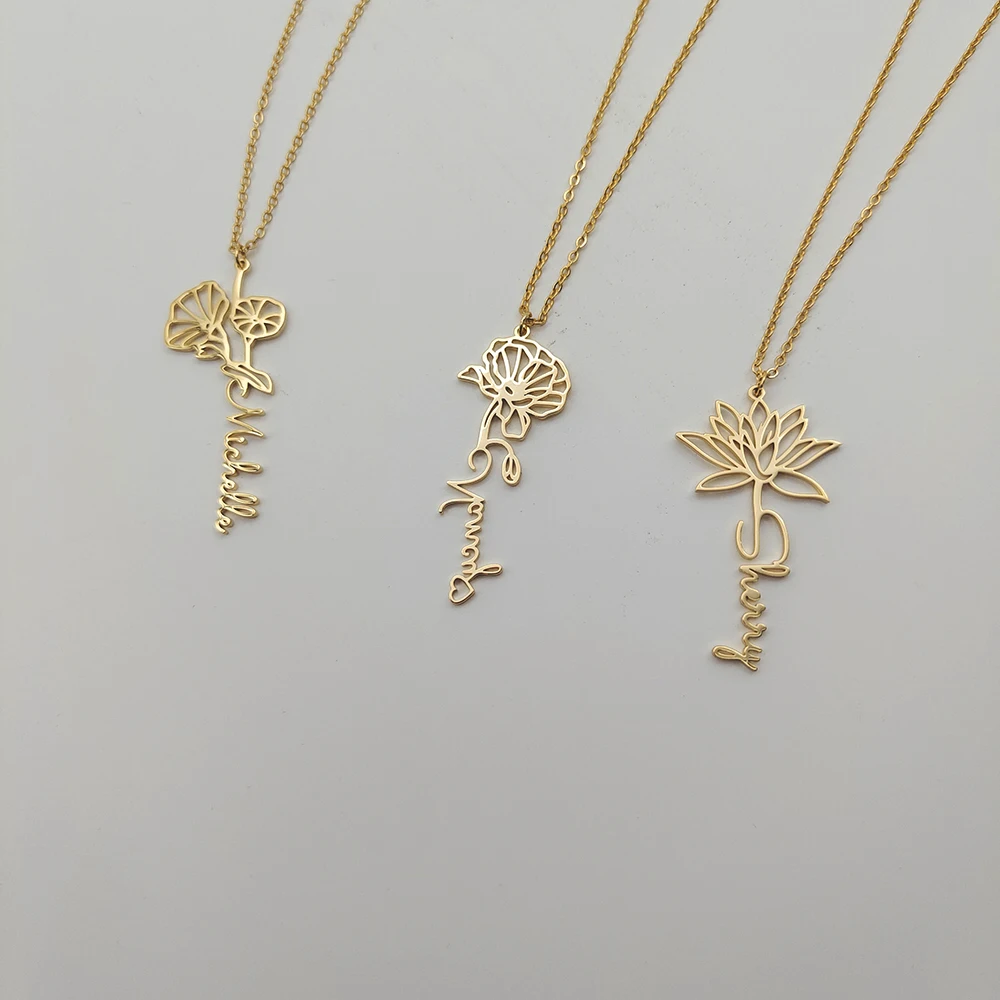 LUER Custom Flower Name Necklace/Personalized Stainless Steel Pendant Gold Flower Name Charm Necklaces/Customized Nameplate Gift