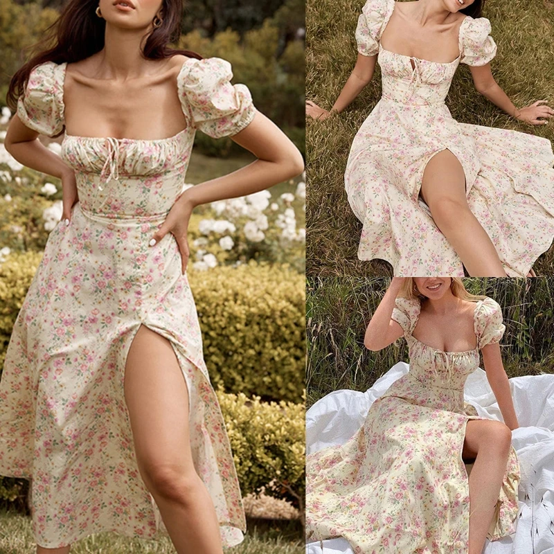

Women Puff Short Sleeve Boho Floral Long Dress Sexy Square Neck Lace-Up High Waist Side Split A-Line Beach Sundress
