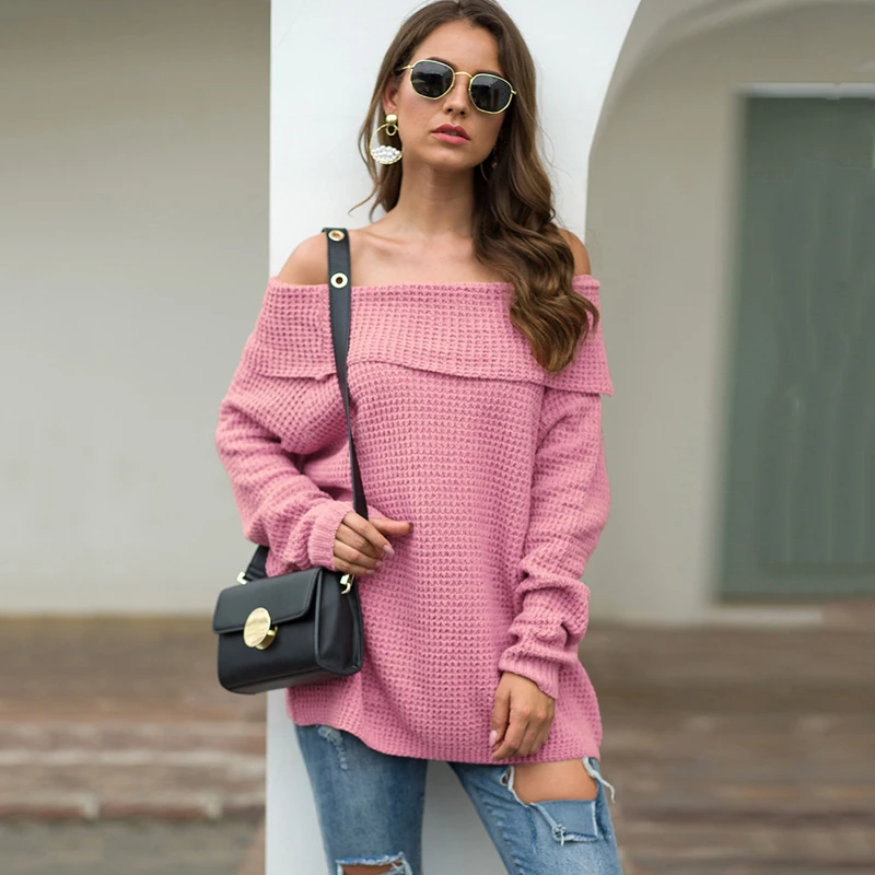 2019 Autumn Winter Off Shoulder Sweater Women Knitted Sweaters Ladies Warm Female Sexy Loose Black Pullovers | Женская одежда
