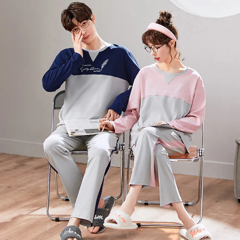 Новые осенне-зимние хлопковые Пижамные комплекты для пар с длинным рукавом в