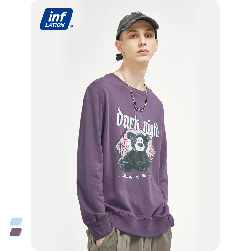 

INFLATION Bear Printed Cute Sweatshirts Couple Cotton Pullovers 2021 Trendy Thin Funny Graphic Crewneck Sweatshirts Men Clothing