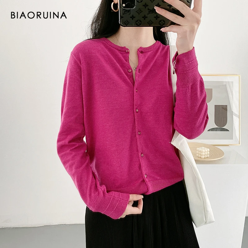 Женский однотонный однобортный Кардиган BIAORUINA тонкий вязаный кардиган с круглым