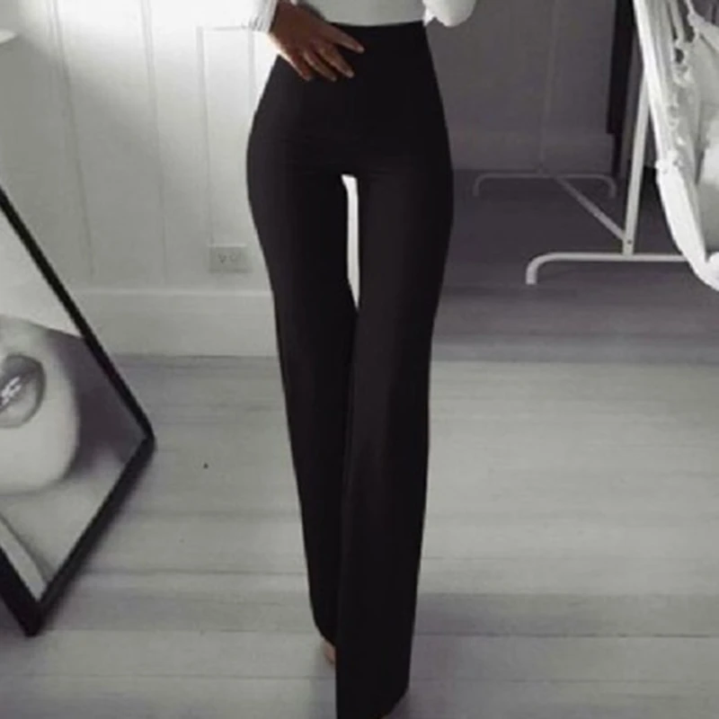 

Summer Autumn Solid Elegant Female Lady Women's Palazzo Flared Wide Killer Legs Pants High Waist OL Ladies Career Long Trousers