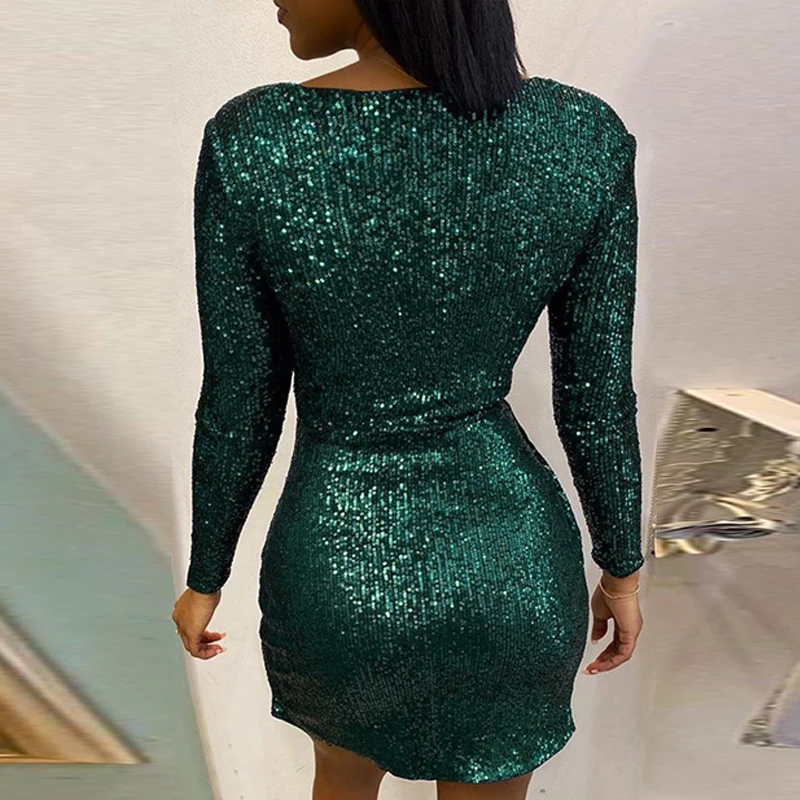 Новый дизайн сексуальное платье с v образным вырезом и блестками длинным рукавом