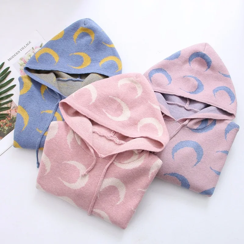 Женский свитер с капюшоном и принтом Луны повседневный трикотажный