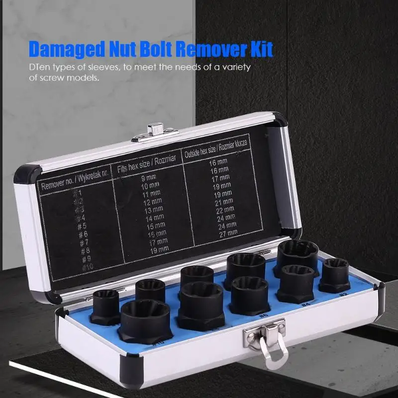 

10pcs Damaged Bolt Nut Screw Remover Extractor Removal Set Threading Tools Kit for 9mm to 19mm Head Nuts Extractor Set