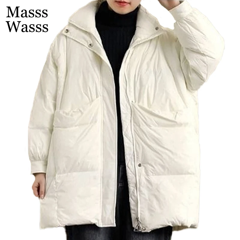 

Masss Wasss 2021 Winter Korean Style Womens Loose Vintage Warm Clothes Ladies Solid Casual Duck Down Jacket Zippee Padded Parkas