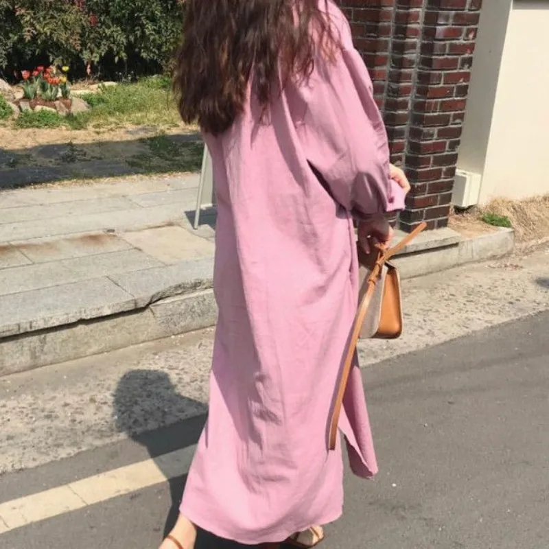 

Long Shirt Women's Fashionable 2021 Spring New Korean Chic Loose Casual Cotton and Linen over-the-Knee Ultra-Long Dress