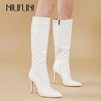 niufuni sexy style leather texture womens red shoes long knee boots pointed toe winter high heel side zipper party ball shoes
