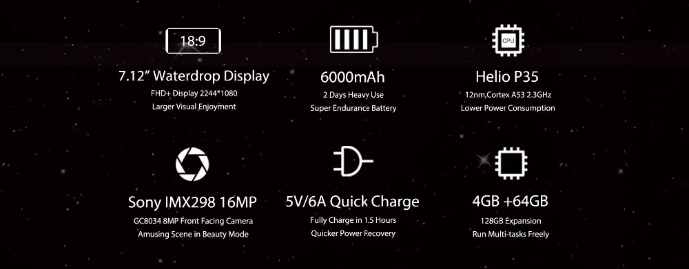 OUKITEL K9 мобильного телефона 6000 мА/ч, Батарея 4 Гб 64 Гб 7,1" FHD+ безрамочный экран капли воды Дисплей 5 V/6A Quick Charge 16MP/8MP Face ID смартфон