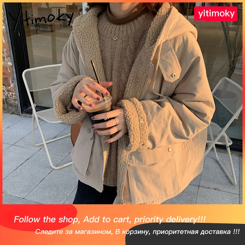 

Yitimoky Woman Jacket Reversible Coats Hooded 2021 Winter New Fleece Warm Clothes Pockets Fashion Khaki Single Breasted Zipper