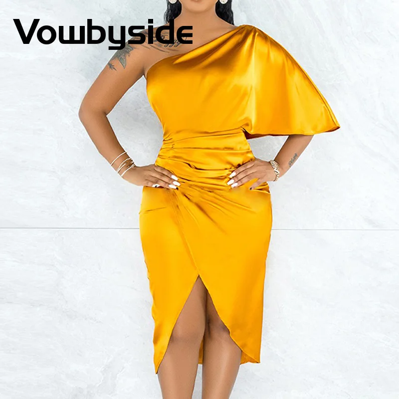

One Shoulder Satin Ruched Party Dress