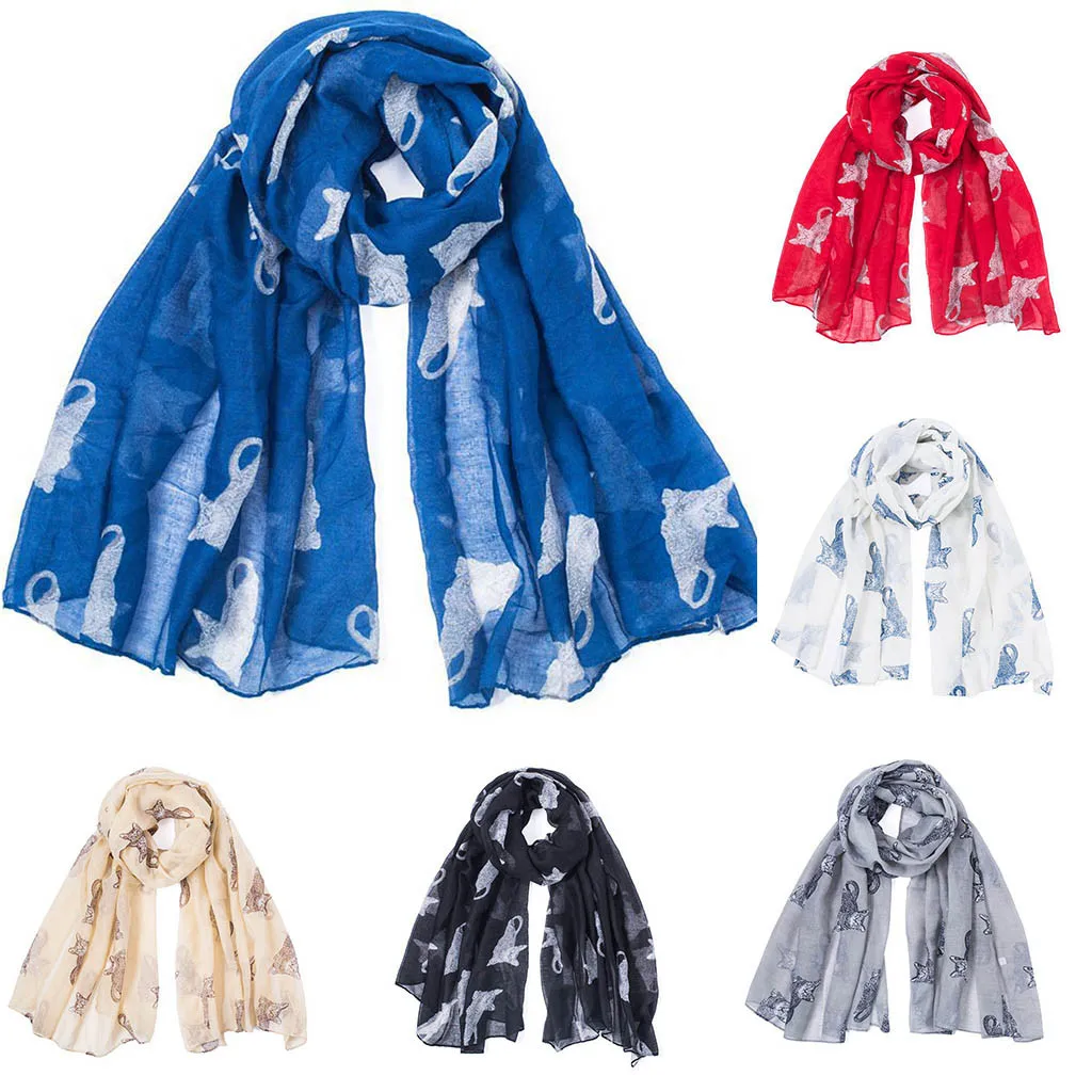 Зимний Женский теплый модный милый Шарф с мультяшным рисунком кота накидка шаль