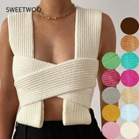 2021 sleeveless knitted crop sweater sexy autumn summer fashion vest black casual white jumper top female pullover