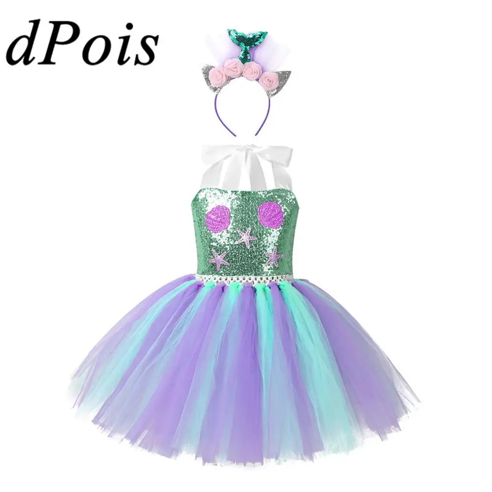 

Kids Girls Mermaid Dress Cosplay Costume Halloween Shiny Sequins Scallop & Starfish Applique Mesh Tutu Dress with Hair Hoop