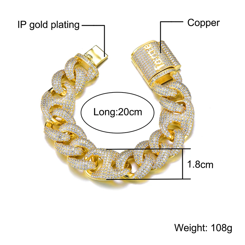 US7 18mm Miami Lock Clasp Cuban Link 7-9 Inch Bracelet Iced Out AAA Cubic Zircon Bling Hip Hop Jewelry for Men Gift | Украшения и
