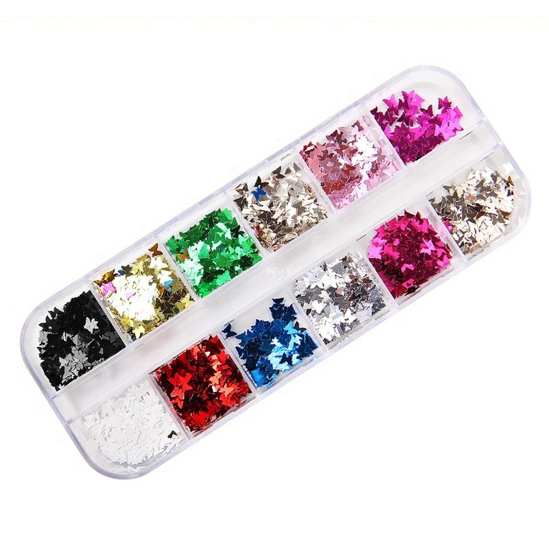 12 сетки Блеск Зеркало Бабочка ногтей блестки смешанные цвета 3D Радужный Звезда