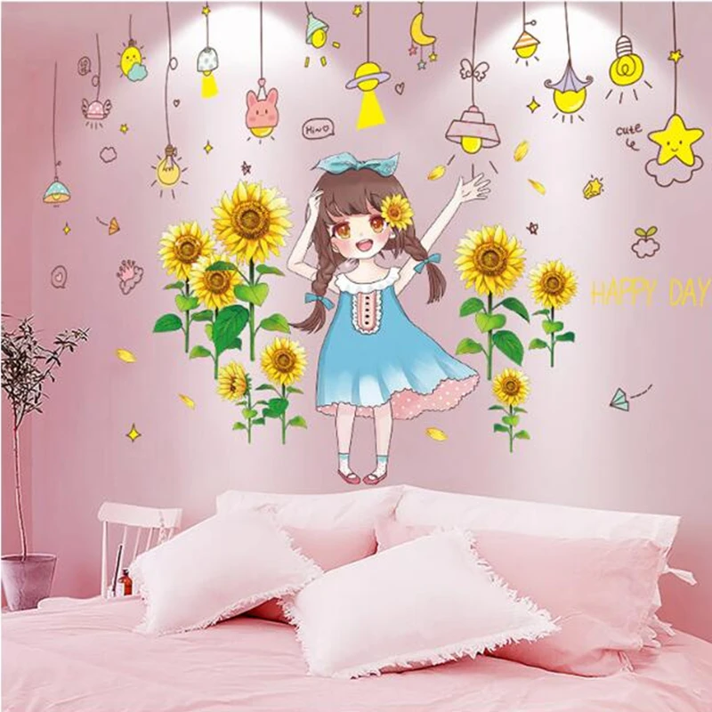 

[SHIJUEHEZI] Cartoon Girl Flower Wall Sticker DIY Chandelier Lights Mural Decals for Kids Rooms Baby Bedroom Home Decoration
