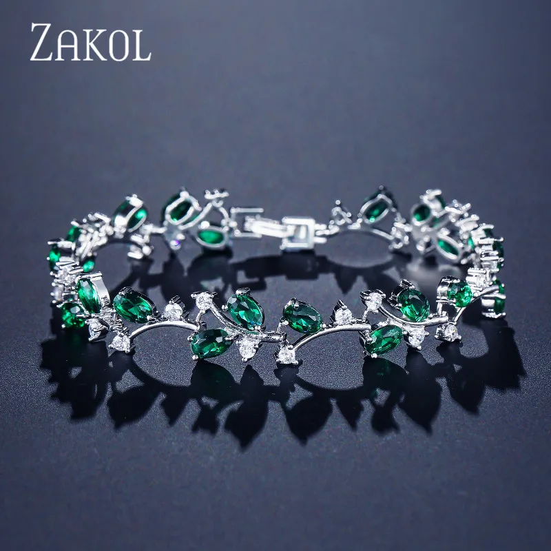 ZAKOL 4 цвета на выбор зеленый камень лист и цветок большой фианит шарм браслеты для