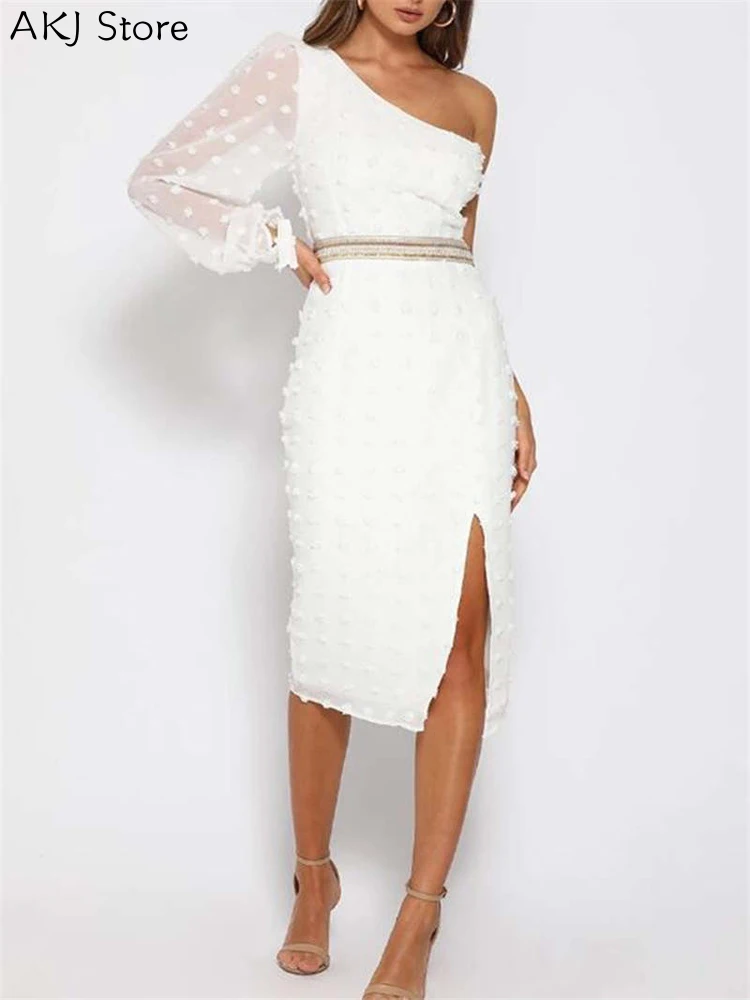 

One Shoulder Puffed Sleeve Dot Dress Bodycon Dress Sexy Women Dresses