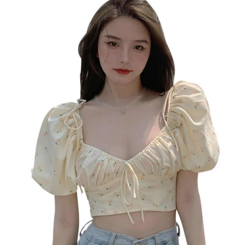 

Sweet Lovely Puff Short Sleeve Shirt V Neck Floral Print Blouse Female Summer Blouses Midriff style Preppy Style Short Shirt
