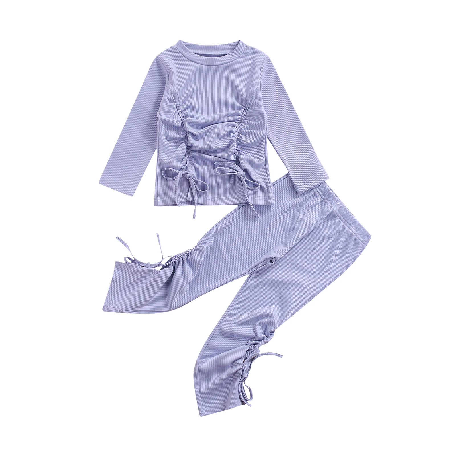 

Bmnmsl Girls Casual Two-piece Clothes Set Violet Stripe Printed Pattern Round Collar Pullover and Drawstring Pants