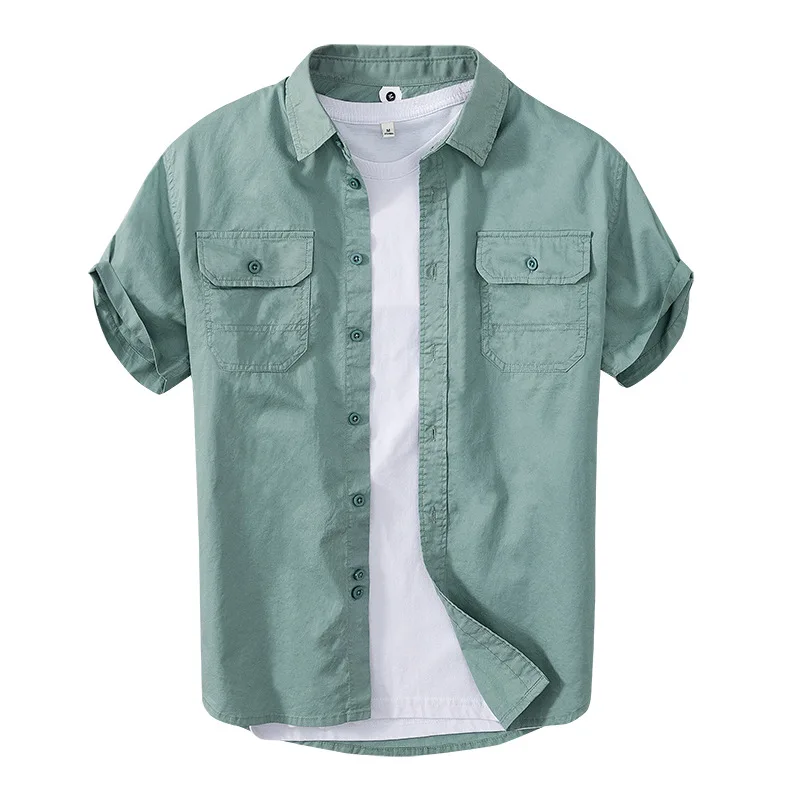Рубашка мужская с квадратным воротником модная зеленая однотонная молодежная