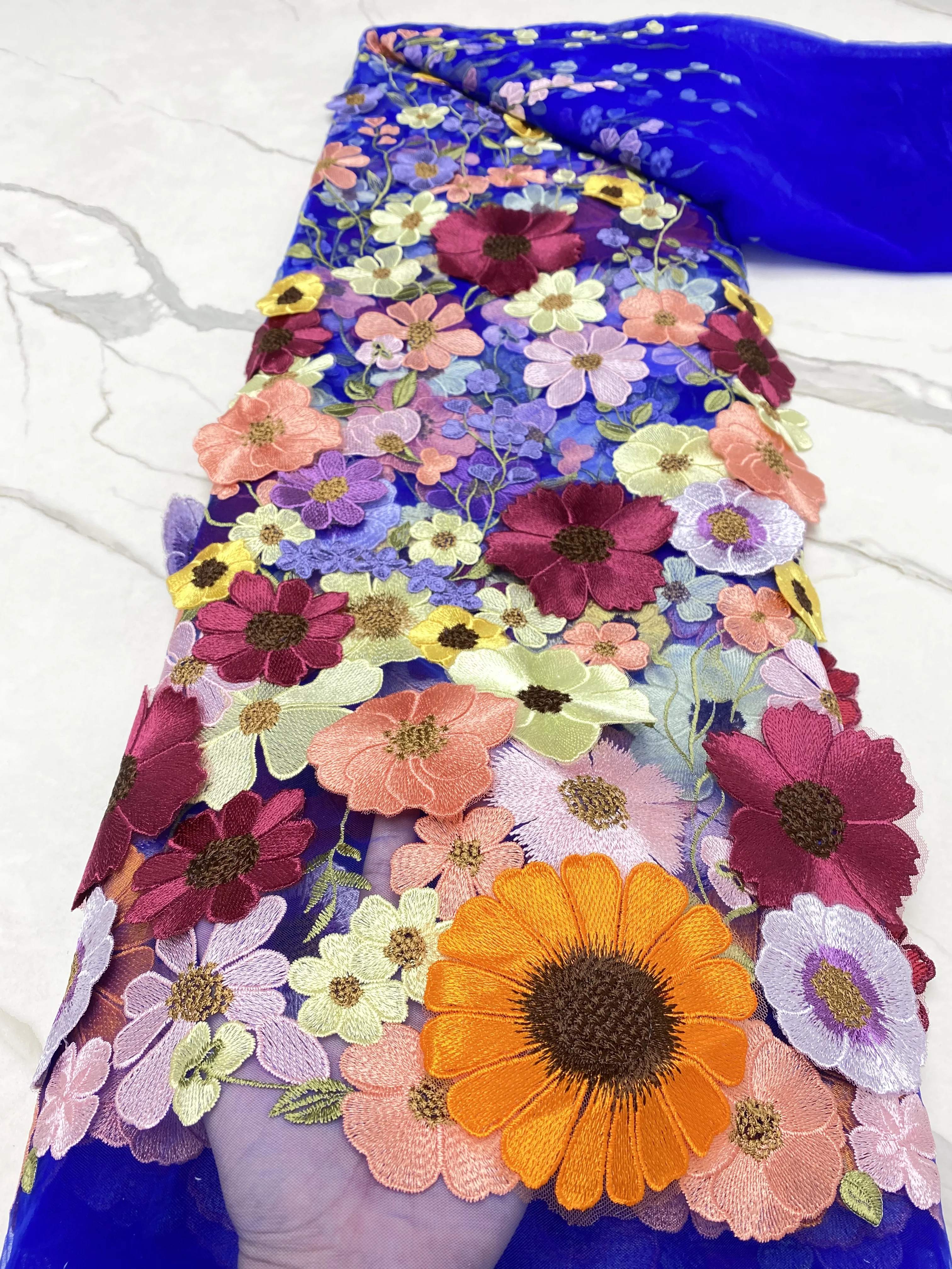 Tela de encaje de tul africano de alta calidad, tela de encaje bordado de flores 3D, blanco para fiesta, boda, 5 yardas, NI5726-3