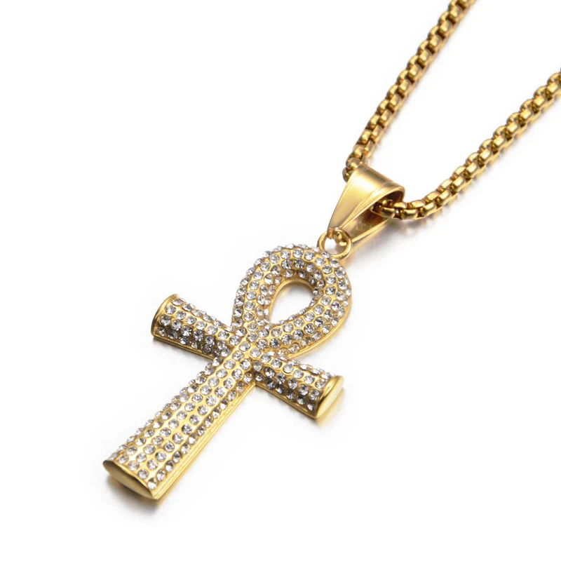 

Egyptian Iced Out Ankh Cross Pendant Necklace For Women Men Gold Color Stainless Steel Chains Hiphop Ancient Egypt Jewelry