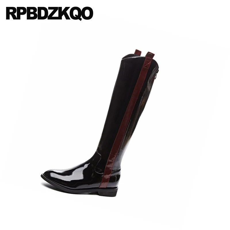 Размера плюс сапоги до колена черного цвета с широким бортиком Лакированная кожа