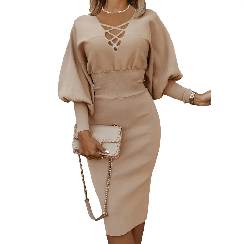 

2021 Fall Women Vintage Dress Elegant Women Solid Color Bodycon Slim Party Dress V Neck Lantern Sleeve Ribbing Winter Midi Dress