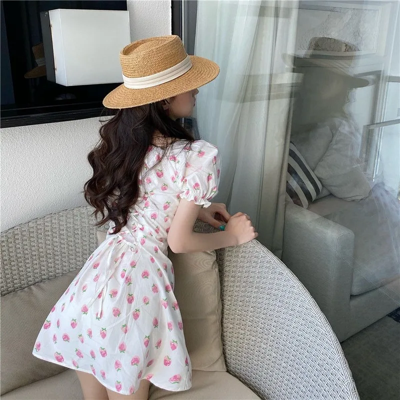 

Strawberry Dress Women Elegant Fairy Chiffon Mini Dress Casual Summer Korean Japan Style Kawaii Bandage Party Dress Women 2021