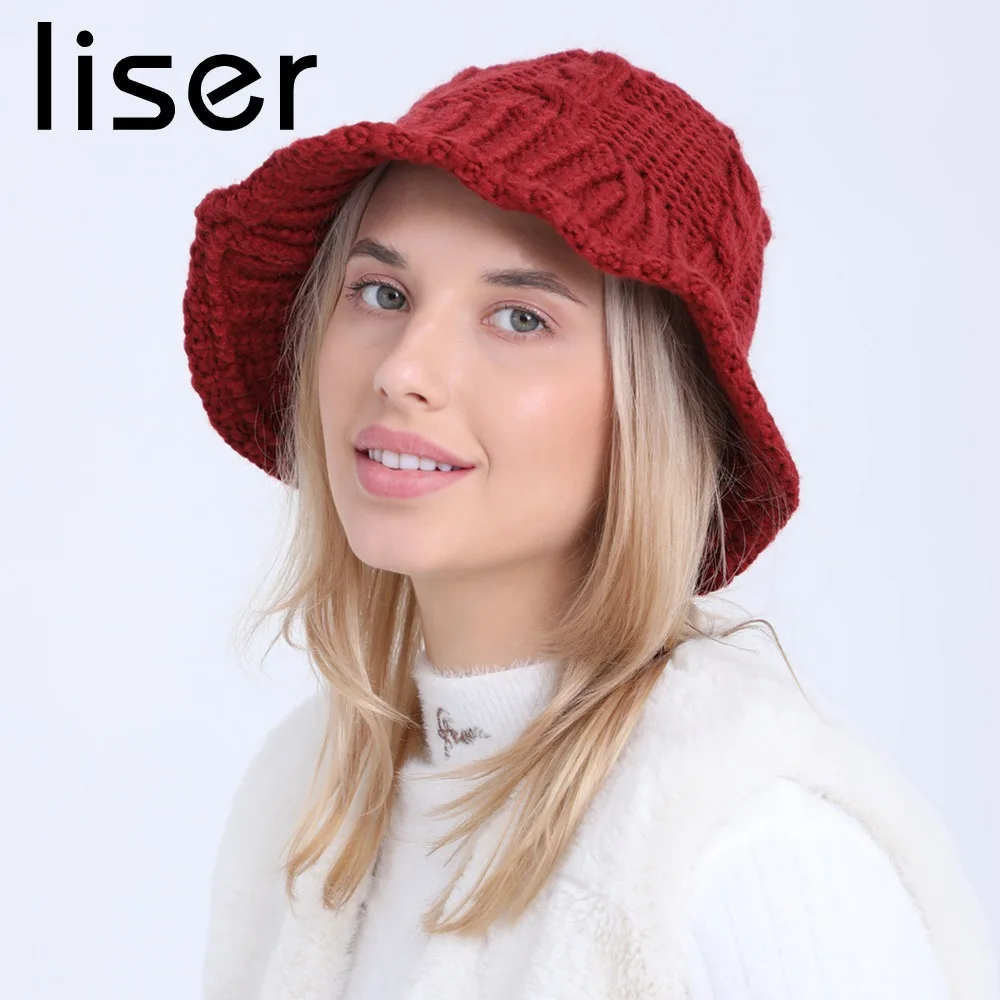 

LISER Women Bucket Hats Female Winter Basin Caps Woolen Acrylic Solid Color Soft Keep Warm