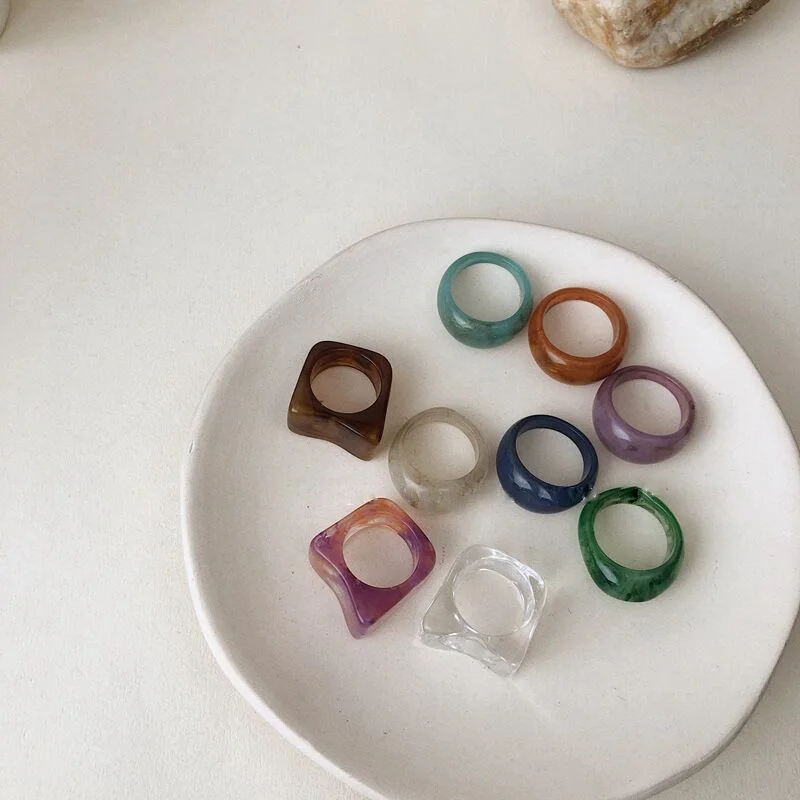 

Spring Hot Sale Colorful Acrylic Irregular Ring Marble Pattern Transparent Resin Rings for Women Girls New Trendy Jewelry Size 7