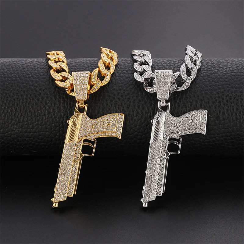 

2021 Jewelry Fashion Pistol Gun necklace & Pendant Rhinestone bling ice out Silver color cuban Chain Hip Hop Father's day gift