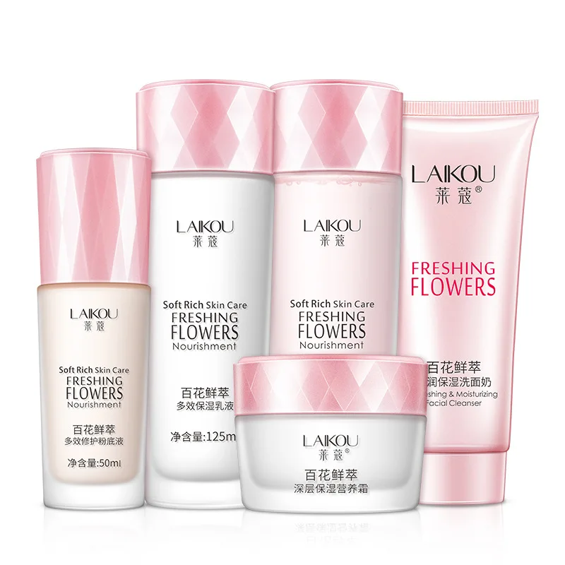 

laikou Skin Care Set Cleanser Toner Emulsion Cream Foundation Flower Beauty Moisturizing Refreshing Face Care Kit