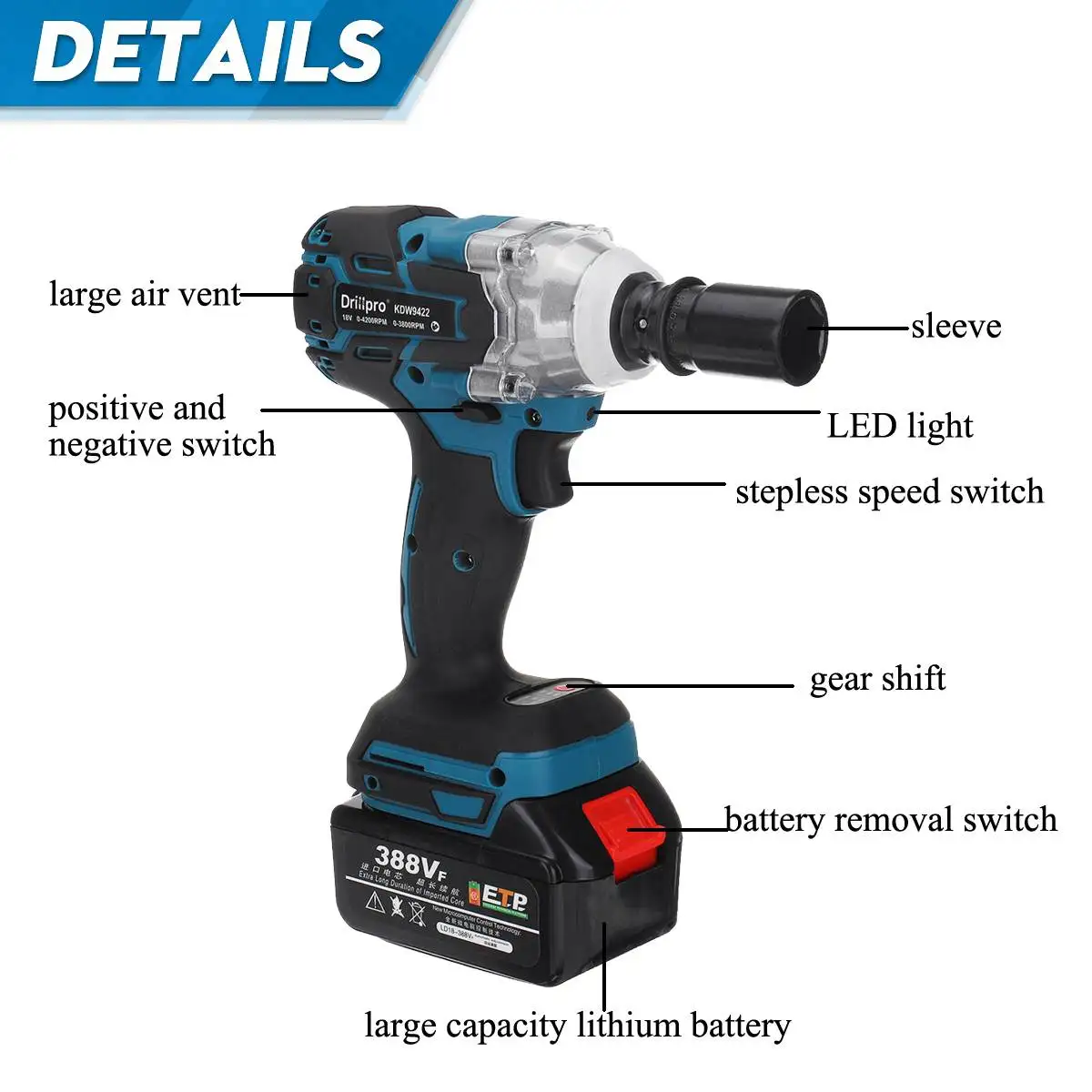 520N.m 388VF Brushless Cordless Electric Impact Wrench 1/2 inch Power Tools 3.0AH Battery +Sleeve Adapt to Makita 18V | Инструменты