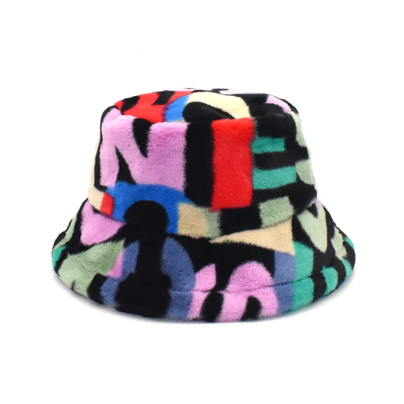 

SHATANGJU Bucket Hats Women Outdoor Multicolor Rainbow Faux Fur Letter Pattern Hat Caps Winter Soft Warm Gorros For Women