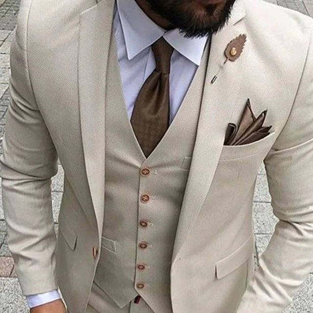 

Men's 3 Piece Suit Beige Single Row One Button Lapel Prom Tuxedo Slim Fit For Groom Wedding Suits For Men Blazer+Vest+Pants
