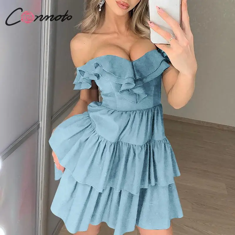 Conmoto Сексуальные вечерние однотонные красные платья Женская оборка с тесьмой