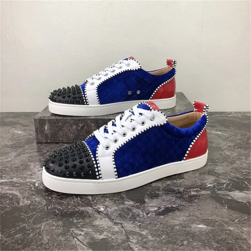 as pic Мужская обувь с низким верхом и заклепками в стиле пэчворк; цвет синий, красный; металлические стразы; Роскошная Брендовая обувь с красной подошвой; мужская повседневная обувь на плоской подошве; Новинка года - Цвет: as pic