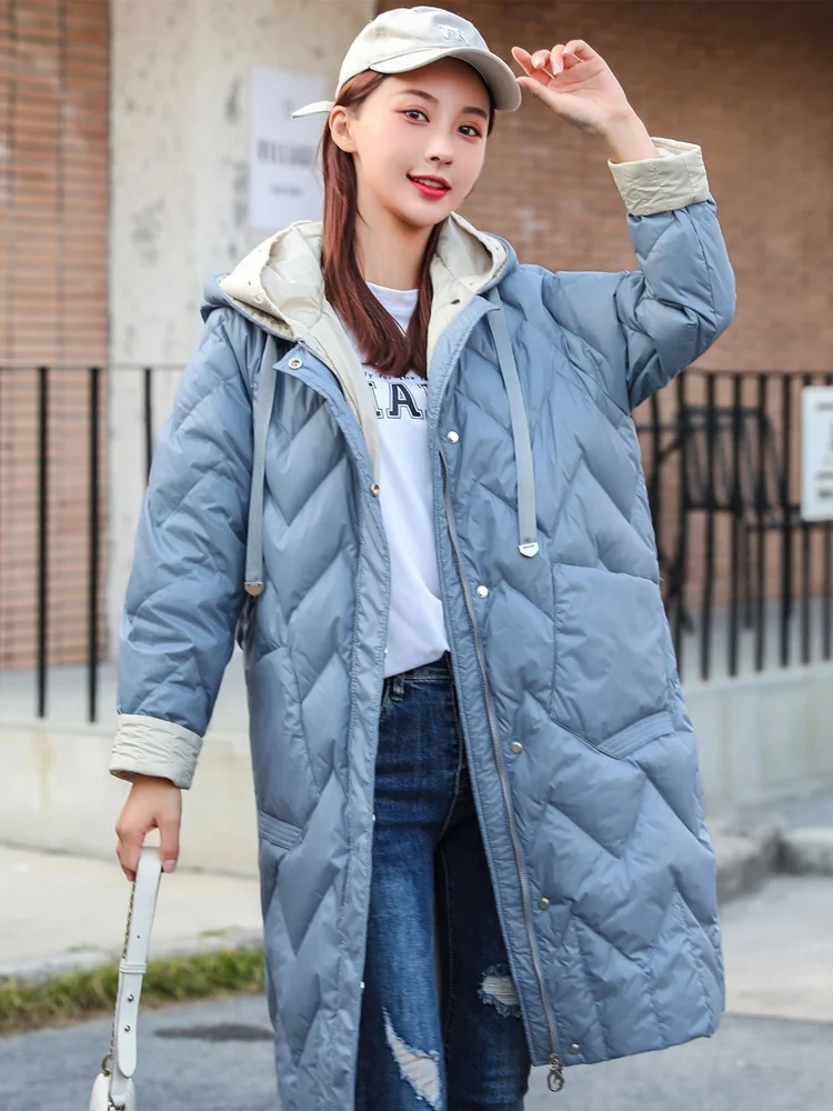 

ZCWXM Winter Long Down Jackets Women Hooded Loose White Duck Down Coat Female High Street Fashion Robe Bubble Puffer Coat