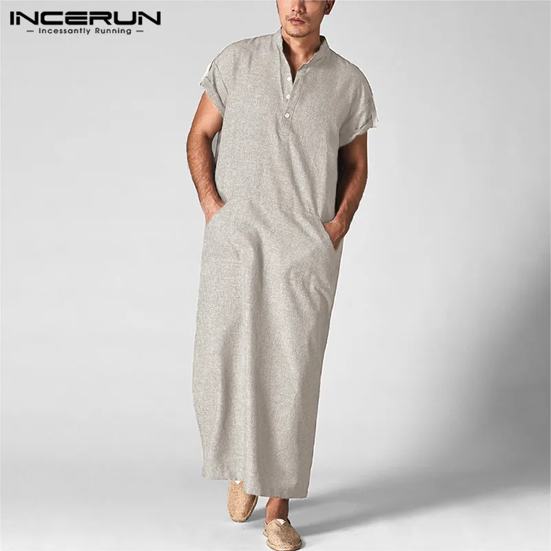INCERUN Men Islamic Arab Muslim Kaftan Stand Collar Short SLeeve Pockets Vintage Robes Middle East Solid Men Jubba Thobe S-5XL