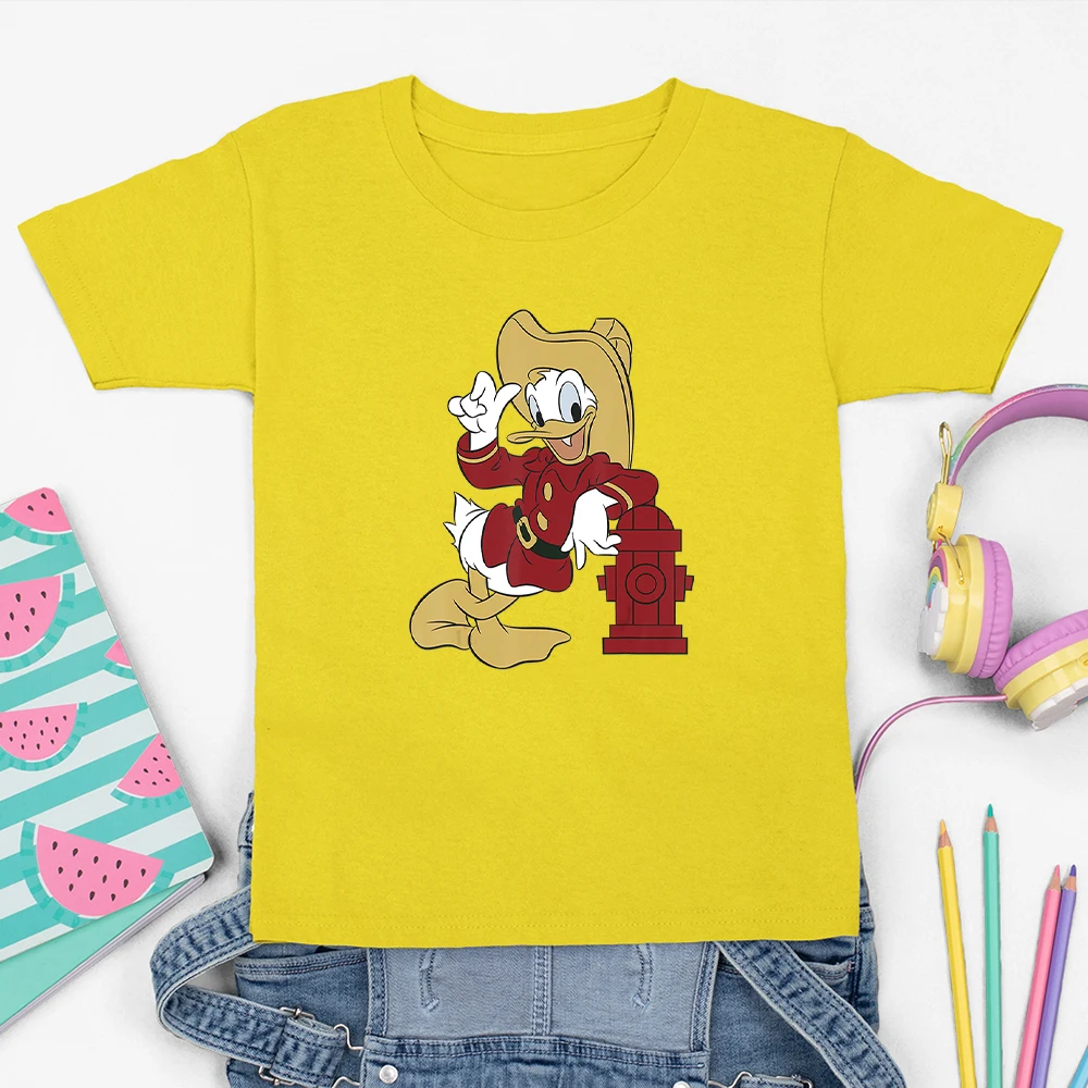 Camiseta Kawaii de Disney para ni&ntilde;os de las cuatro estaciones, Camiseta con estampado de dibujos animados de Pato Donald, c&oacute;moda, de manga corta con cuello redondo, novedad de verano-0